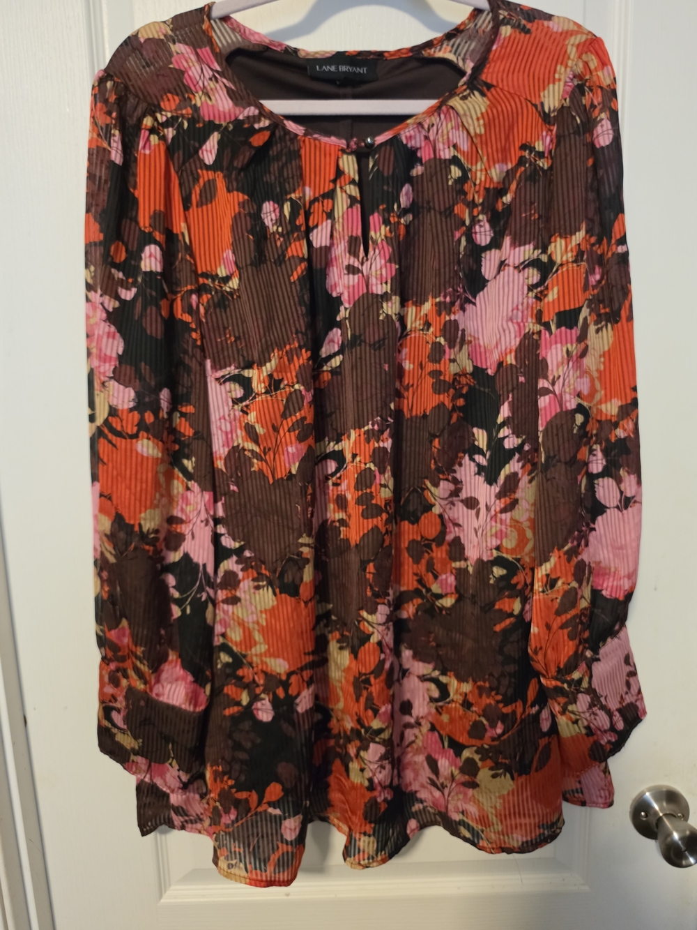 Lane Bryant Floral Long-sleeve Blouse - Burgandy With Pink And Orange